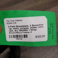 5 Point Breastplate, 3 Sheepskins *gc, dusty, scrapes, xholes, clean, rubs, dry, MISSING 1 Strap