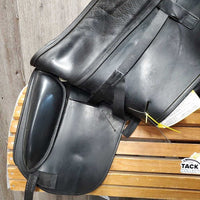 18" ?Adj *set W 6" Schleese Elite Dressage Saddle, Navy Schleese Cover, 2 XLg Front Velcro Blocks, Obrigado Panels, Wool Flocking, Rear Gussets, Shoulder Relief Cutouts, Flaps: 17"L x 13.5"W Serial #: 6-RW-SR 4-18 4003H0203