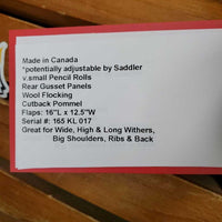 18" ?Adj *set W 6" Schleese Elite Dressage Saddle, Navy Schleese Cover, 2 XLg Front Velcro Blocks, Obrigado Panels, Wool Flocking, Rear Gussets, Shoulder Relief Cutouts, Flaps: 17"L x 13.5"W Serial #: 6-RW-SR 4-18 4003H0203