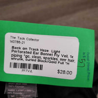 Light Perforated Ear Bonnet Fly Veil, 1x piping *gc, clean, sparkles, mnr hair, shrunk, curled