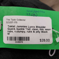 Lycra Shoulder Guard, buckle *fair, clean, thin, seam rubs, v.clumpy, rubs & pilly, threads