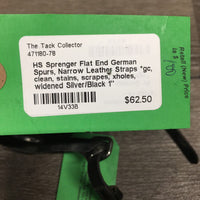 Flat End German Spurs, Narrow Leather Straps *gc, clean, stains, scrapes, xholes, widened