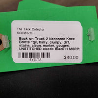 2 Neoprene Knee Boots *gc, hairy, clumpy, dirt, stains, clean, marker, gouges, UNSTITCHED elastic