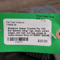 Crochet Fly Veil Ear Bonnet, bling *vgc, clean, curled edges, mnr hair, cut tag, snags & loose thread