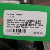 Body Clippers, 2 prs blades, box *TURNS ON - Motor Sounds OK, NEEDS REPAIR: NEW HEAD?FEET *gc/fair, hair, dirt, v.hairy filter, loose head, grooved feet