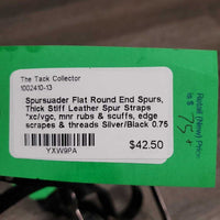 Flat Round End Spurs, Thick Stiff Leather Spur Straps *xc/vgc, mnr rubs & scuffs, edge scrapes & threads