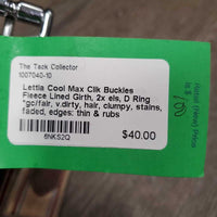 Clik Buckles Fleece Lined Girth, 2x els, D Ring *gc/fair, v.dirty, hair, clumpy, stains, faded, edges: thin & rubs