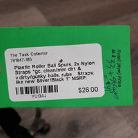 Plastic Roller Ball Spurs, 2x Nylon Straps *gc, clean/mnr dirt & v.dirty/gunky balls, rubs Straps: like new