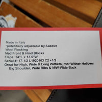 17.5" *W 5.75" Amerigo C Close Contact, Yellow Amerigo Cover, Wool Flocking, Med Front & Hind Blocks, Flaps: 14"L x 13.5"W Serial #: 17-1/2 L1920103 C2 +1/2
