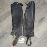Leather Half Chaps, Back Zipper *gc/fair, dirty, rubs, thin & holey spots, unstitched seams, stretched