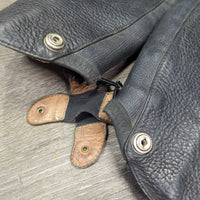 Leather Half Chaps, Back Zipper *gc/fair, dirty, rubs, thin & holey spots, unstitched seams, stretched