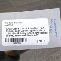 Leather Half Chaps, Back Zipper *gc/fair, dirty, rubs, thin & holey spots, unstitched seams, stretched