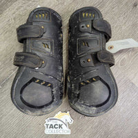 Open Front Boots, velcro Tabs *fair, faded, dirty, v.scraped, v.rubbed & holey edges