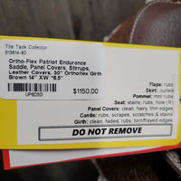 14" XW *6.5" Ortho-Flex Patriot "Officer Model 15" Endurance Saddle, 2 Fleece Panel Covers (Booties), Wide Stirrups, Biothane Leathers, 2 Leather Covers, 30" Orthoflex Neoprene (& Cotton Cover) Short Girth, Flaps: 13"L x 11.5"W Serial # POM114