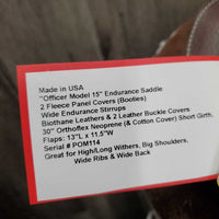 14" XW *6.5" Ortho-Flex Patriot "Officer Model 15" Endurance Saddle, 2 Fleece Panel Covers (Booties), Wide Stirrups, Biothane Leathers, 2 Leather Covers, 30" Orthoflex Neoprene (& Cotton Cover) Short Girth, Flaps: 13"L x 11.5"W Serial # POM114
