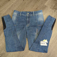JUNIORS Sticky Full Seat Denim Breeches *gc, seam puckers & rubs, stickies: faded, rubs & peeling