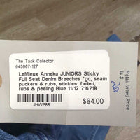 JUNIORS Sticky Full Seat Denim Breeches *gc, seam puckers & rubs, stickies: faded, rubs & peeling