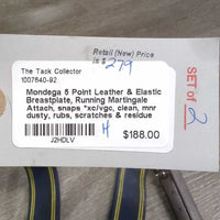 5 Point Leather & Elastic Breastplate, Running Martingale Attach, snaps *xc/vgc, clean, mnr dusty, rubs, scratches & residue, dirt