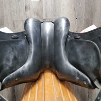 17.5 Adj *XW *6.75" Schleese Heike Kemmer Dressage Saddle, Navy Fleece Lined Schleese Cover, Xlg Front Velcro Blocks, Rear Gusset Panels, Cutback Shoulders, Wool Flocking, Flaps: 17"L x 12"W Serial #1362180813 3 RW SR 17.5