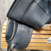 17.5 Adj *XW *6.75" Schleese Heike Kemmer Dressage Saddle, Navy Fleece Lined Schleese Cover, Xlg Front Velcro Blocks, Rear Gusset Panels, Cutback Shoulders, Wool Flocking, Flaps: 17"L x 12"W Serial #1362180813 3 RW SR 17.5