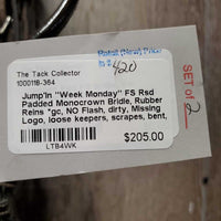 "Week Monday" FS Rsd Padded Monocrown Bridle, Rubber Reins *gc, NO Flash, dirty, Missing Logo, loose keepers, scrapes, bent, dent, stains, rubs