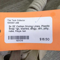 2x 22' Cotton Driving Lines, Plastic Snap *gc, stained, dingy, dirt, pilly, rubs, frays
