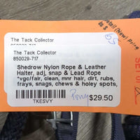Nylon Rope & Leather Halter, adj, snap & Lead Rope *vgc/fair, clean, mnr hair, dirt, rubs, frays, snags, chews & holey spots, unstitched & loose end