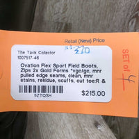 Field Boots, Zips 2x Gold Forms *vgc/gc, mnr pulled edge seams, clean, mnr stains, residue, scuffs, cut toe:R & rubs