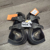 Pr Open Front Boots, tabs *gc/fair, v.dirty, faded, rubs, scuffs, sliced tab