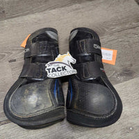 Pr Open Front Boots, tabs *gc/fair, v.dirty, faded, rubs, scuffs, sliced tab