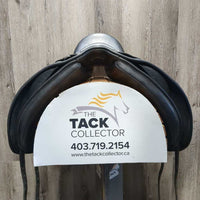 17.5" Adj *3XW Gullet In Bates Wide "Luxe" Dressage Saddle, 2 Lg Front Velcro Blocks, Purple Bates Cover, 2XW Gullet/Box, Leather Pouch: tool, book, balsam, CAIR Panels, Front & Rear Gusset Panels, Flaps 17"L x 12.5"W Serial #: DR 1801283-44 +17.5