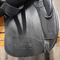 17.5" Adj *3XW Gullet In Bates Wide "Luxe" Dressage Saddle, 2 Lg Front Velcro Blocks, Purple Bates Cover, 2XW Gullet/Box, Leather Pouch: tool, book, balsam, CAIR Panels, Front & Rear Gusset Panels, Flaps 17"L x 12.5"W Serial #: DR 1801283-44 +17.5