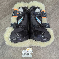 Open Front Boots, tabs, fleece *gc, clean, clumpy, faded, scrapes, scratches, mnr stains
