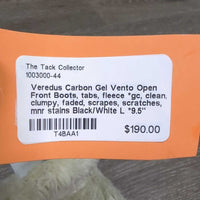 Open Front Boots, tabs, fleece *gc, clean, clumpy, faded, scrapes, scratches, mnr stains