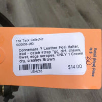 Leather Foal Halter, lead - catch strap *gc, dirt, chews, tiwst, edge scrapes, ONLY 1 Crown dry, creases