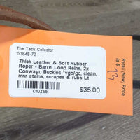 Thick Leather & Soft Rubber Roper - Barrel Loop Reins, 2x Conway Buckles *vgc/gc, clean, mnr stains, scrapes & rubs