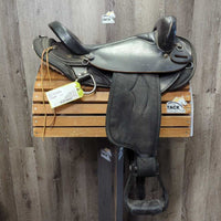 16" XW Big Horn Synthetic & Leather Endurance Saddle, 1 latigo, 1 off-billet, 2 laces, Plastic Stirrups, 2 Fender Hobbles Serial #: 116