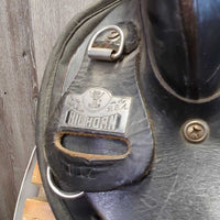16" XW Big Horn Synthetic & Leather Endurance Saddle, 1 latigo, 1 off-billet, 2 laces, Plastic Stirrups, 2 Fender Hobbles Serial #: 116