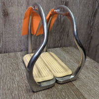 Hvy Metal Safety Stirrup Irons, curved/easy out sides *gc, clean, stains, rust spots, residue, scratches & scrapes