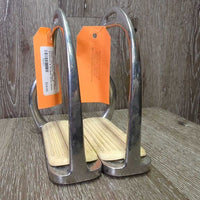 Hvy Metal Safety Stirrup Irons, curved/easy out sides *gc, clean, stains, rust spots, residue, scratches & scrapes