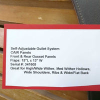 16.5" Adj *Med/Black in Wintec AP Saddle, 2x Front Velcro Blocks, 2 Billet Guards, 4 Extra Gullets: Red, White, Green & Yellow, CAIR Panels, Front & Rear Gusset Panels, Flaps: 15"L x 13" W Serial #: 341605