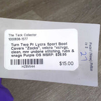 Pr Lycra Sport Boot Covers "Zocks", velcro *xc/vgc, clean, mnr undone stitching, rubs & snags