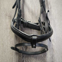 Rsd/Padded Monocrown Dressage Bridle, Crank, Throat, Padded Reins, Finger Stoppers, Bag *vgc, clean, mnr dirt/residue, rubs, threads & creases