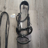 Rsd/Padded Monocrown Dressage Bridle, Crank, Throat, Padded Reins, Finger Stoppers, Bag *vgc, clean, mnr dirt/residue, rubs, threads & creases
