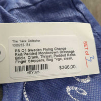 Rsd/Padded Monocrown Dressage Bridle, Crank, Throat, Padded Reins, Finger Stoppers, Bag *vgc, clean, mnr dirt/residue, rubs, threads & creases