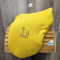 18" *Med/Wide *5.5" Hanover by Verhan Dressage Saddle, 2 Lg Front Velcro Blocks, Gold Verhan Fleece Cover, Wool Flocking, Flaps: 15.75"L x 12"W Serial # 1204133018