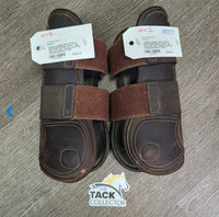 Open Front & Hind Leather Boots, velcro *vgc, clean, mnr rubs, residue, scuffs & scratches