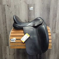 17 W *5.75" Black Country Eloquence Dressage Saddle, Black Country Black Cotton Cover, Lg Front Blocks, Front & Rear Gusset Panels, Wool Flocking, Flaps: 16"L x 11"W Serial #: 17 T 15290