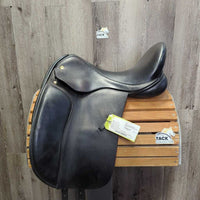 17 W *5.75" Black Country Eloquence Dressage Saddle, Black Country Black Cotton Cover, Lg Front Blocks, Front & Rear Gusset Panels, Wool Flocking, Flaps: 16"L x 11"W Serial #: 17 T 15290