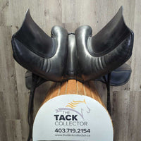17 W *5.75" Black Country Eloquence Dressage Saddle, Black Country Black Cotton Cover, Lg Front Blocks, Front & Rear Gusset Panels, Wool Flocking, Flaps: 16"L x 11"W Serial #: 17 T 15290